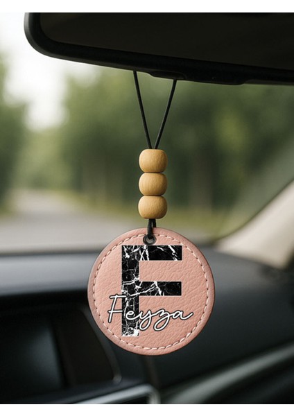 Kişiye Özel Isim Yazılı 1.sınıf Deri Ahşap Dekorlu Dikiz Aynası Süsü Pudra Pembe - F Harfi