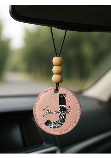 Kişiye Özel Isim Yazılı 1.sınıf Deri Ahşap Dekorlu Dikiz Aynası Süsü Pudra Pembe - J Harfi