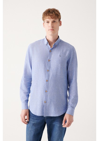 Erkek Koyu Mavi Düğmeli Yaka Ketenli Pamuk Regular Fit Gömlek A31Y2220