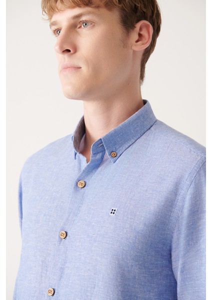 Erkek Koyu Mavi Düğmeli Yaka Ketenli Pamuk Regular Fit Gömlek A31Y2220