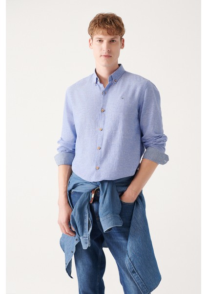 Erkek Koyu Mavi Düğmeli Yaka Ketenli Pamuk Regular Fit Gömlek A31Y2220