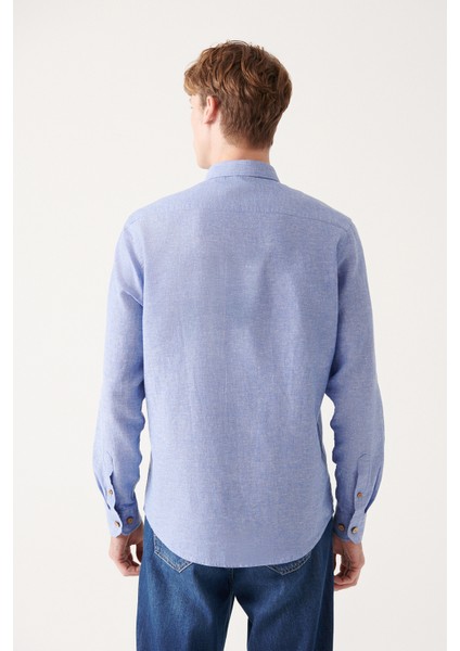 Erkek Koyu Mavi Düğmeli Yaka Ketenli Pamuk Regular Fit Gömlek A31Y2220