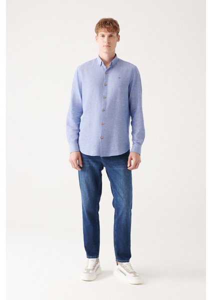 Erkek Koyu Mavi Düğmeli Yaka Ketenli Pamuk Regular Fit Gömlek A31Y2220