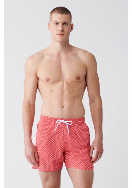 Erkek Kırmızı-Beyaz Baskılı Deniz Şortu E003802