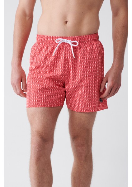 Erkek Kırmızı-Beyaz Baskılı Deniz Şortu E003802