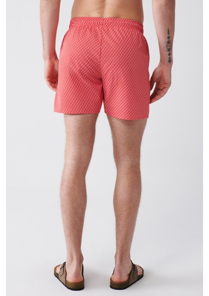 Erkek Kırmızı-Beyaz Baskılı Deniz Şortu E003802