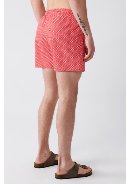 Erkek Kırmızı-Beyaz Baskılı Deniz Şortu E003802