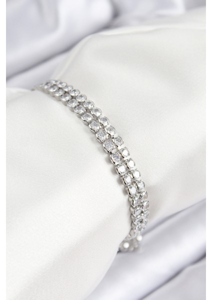 Pirinç Zirkon Taşlı Çift Sıra Model Gümüş Renk Asansörlü Kadın Bileklik - TJ-BB7738 modelleri