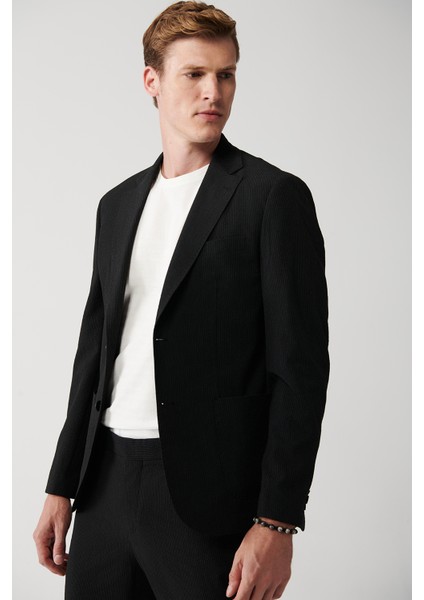 Erkek Siyah Gofre Dokulu Astarsız Çift Yırtmaçlı Ceket A31Y4028