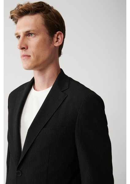 Erkek Siyah Gofre Dokulu Astarsız Çift Yırtmaçlı Ceket A31Y4028