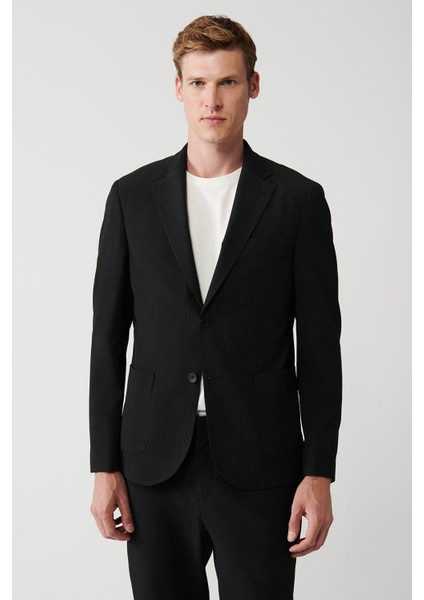 Erkek Siyah Gofre Dokulu Astarsız Çift Yırtmaçlı Ceket A31Y4028