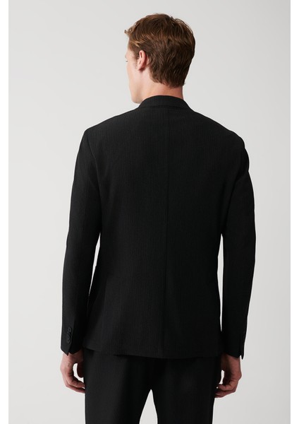 Erkek Siyah Gofre Dokulu Astarsız Çift Yırtmaçlı Ceket A31Y4028