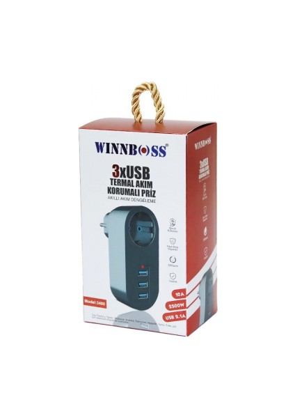 Siyah Termal Akım Korumalı 1xpriz 3xusb Duvar Tipi Priz 10A - 2500W (5324)