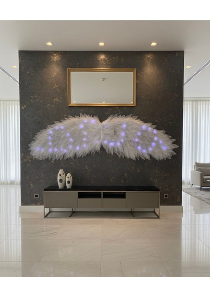 Beyaz LED Işıklı Melek Kanadı Duvar Dekoru – Lüks Tasarım Aydınlatma Aksesuarı 220X140