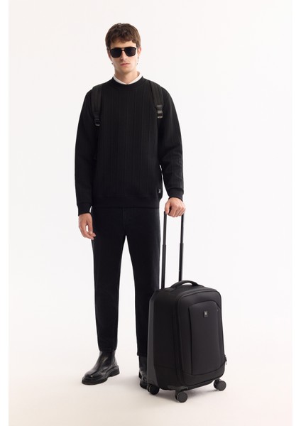 Erkek Siyah Bisiklet Yaka Çizgili Elastan Regular Fit Sweatshirt A52Y1218