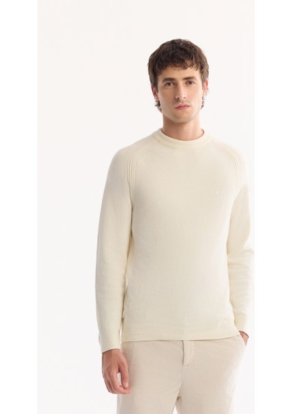 Erkek Ekru Bisiklet Yaka Soft Touch Dokulu Triko Regular Fit Kazak A52Y5050