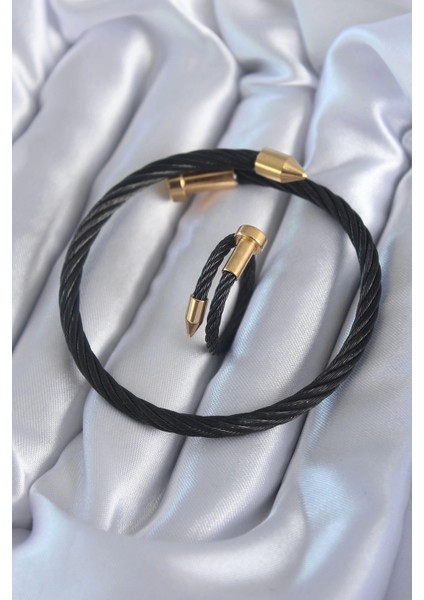 Bfs 316L Çelik Siyah Renk Gold Detay Sarmal Model Erkek Bileklik Yüzük Kombini