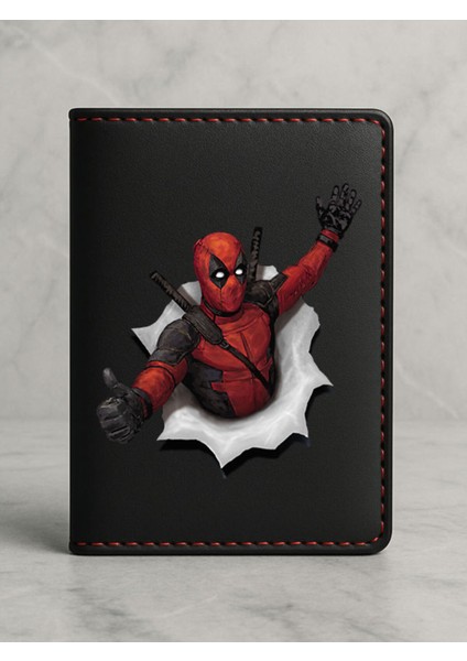 Ruhsat Koruyucu Baskılı Kart Bölmeli Siyah Vinlex Deri Ruhsat Kabı Kılıfı Deadpooldesen