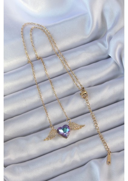 Bfs 316L Çelik Zincir Altın Renk Mavi Mor Zirkon Taşlı Kanatlı Kalp Kolye fiyatları