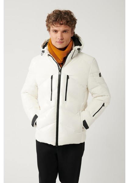 Erkek Beyaz Su İtici Kumaşlı Çıkma Kapüşonlu Şişme Mont A32Y6014