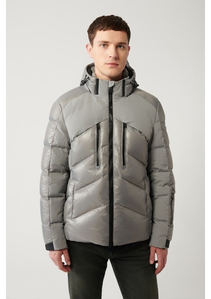 Erkek Gri Su İtici Kumaşlı Çıkma Kapüşonlu Şişme Mont A32Y6014