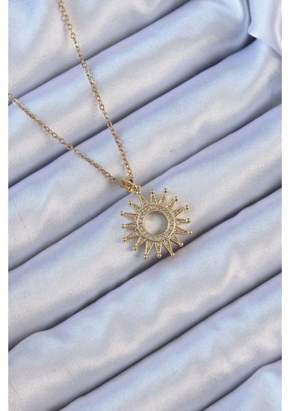 316L Çelik Zincir Altın Renk Zirkon Taşlı Parlayan Güneş Kolye
