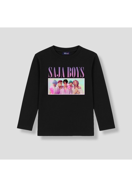Kpop Demon Hunters Saja Boys Uzun Kollu Baskılı Kız Çocuk Tişört (4-13 Yaş)