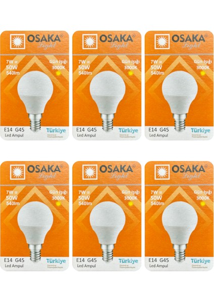 (6 adet) Osaka 7W (50W) Sarı IŞIK E14 DUYLU (Ince Duy) LED Mini Ampul