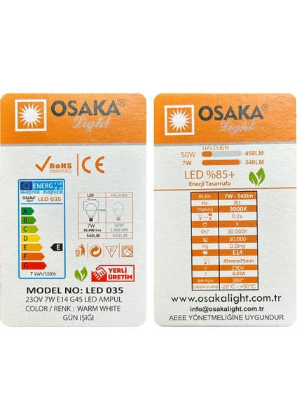(6 adet) Osaka 7W (50W) Sarı IŞIK E14 DUYLU (Ince Duy) LED Mini Ampul fırsatları