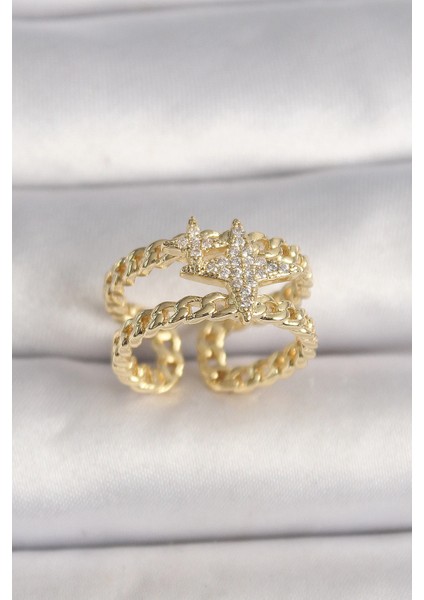 Bfs Pirinç Gold Renk 2'li Zincir Zirkon Taşlı Yıldız Figür Kadın Yüzük