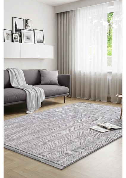 Yalın Modern Dokuma Halı Kaymaz Tabanlı Yıkanabilir Salon ve Oturma Odası Halısı 5577 Gri
