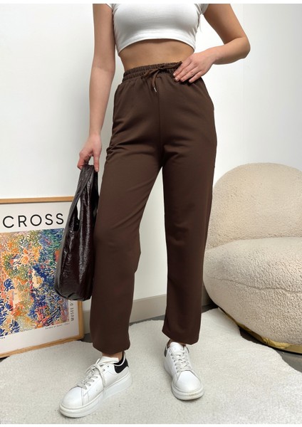 Kadın Kahverengi Paçası Lastikli Yüksek Bel Jogger Eşofman Altı