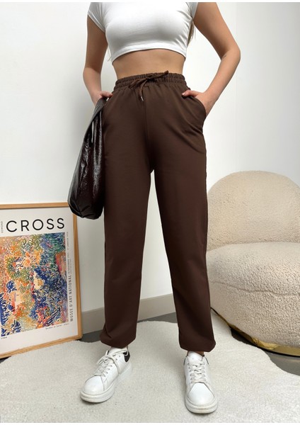 Kadın Kahverengi Paçası Lastikli Yüksek Bel Jogger Eşofman Altı fiyatları