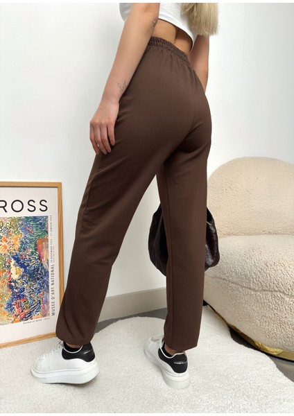 Kadın Kahverengi Paçası Lastikli Yüksek Bel Jogger Eşofman Altı fırsatları