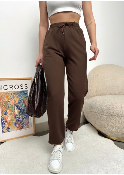 Kadın Kahverengi Paçası Lastikli Yüksek Bel Jogger Eşofman Altı indirimleri