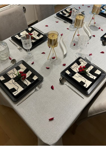 Çeyizlik Piko Sarma Detaylı Dertsiz Masa Örtüsü Simli Gümüş modelleri