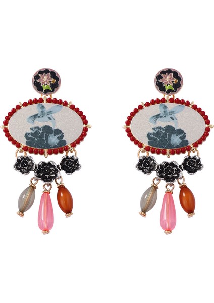 Eski Tarzı Metal Reçine Kuş ve Çiçek Püsküllü Kolye Küpe (Yurt Dışından)