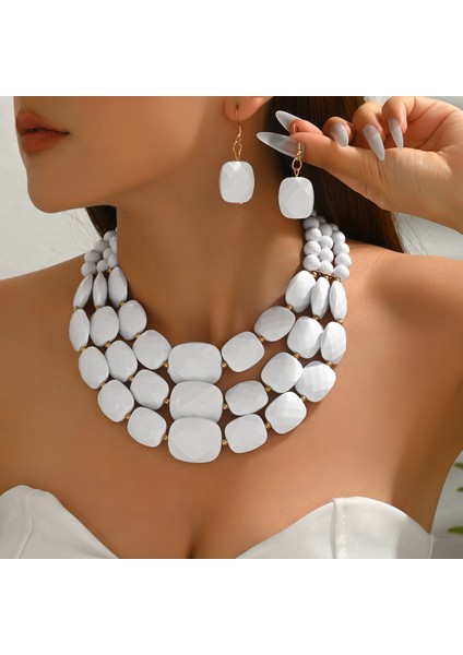 Bohemiyen Retro Kare Dökümlü Küpe Çok Katmanlı Yükseltilmiş Kolye Takı Seti (Yurt Dışından)