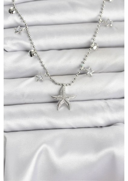 Pirinç Gümüş Renk Zirkon Taşlı Deniz Yıldızı Model Kadın Kolye