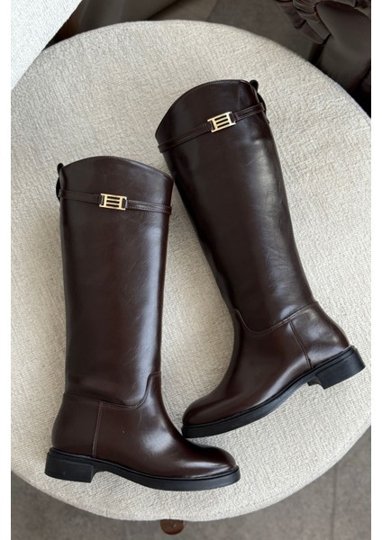 Kadın Nantes Düz Tabanlı Tokalı Çizme - Siyah-Rugan