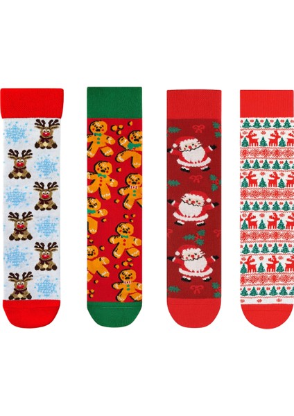 Noel Baba, Geyik ve Zencefilli Adam Desenli 4’lü Yılbaşı Çorap Seti