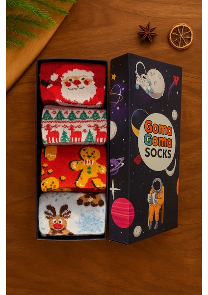 Noel Baba, Geyik ve Zencefilli Adam Desenli 4’lü Yılbaşı Çorap Seti fiyatları