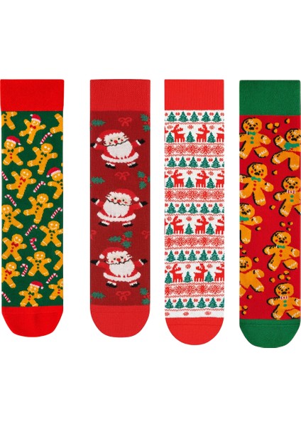 Santa Claus ve Noel Desenli Renkli 4’lü Yılbaşı Çorap Seti