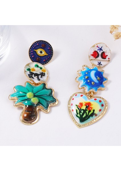 Edebi, Retro, Yaratıcı Tasarım, Alaşım, Baskılı Geometrik Kalp, Çiçekli, Asimetrik Kadın Küpesi (Yurt Dışından)