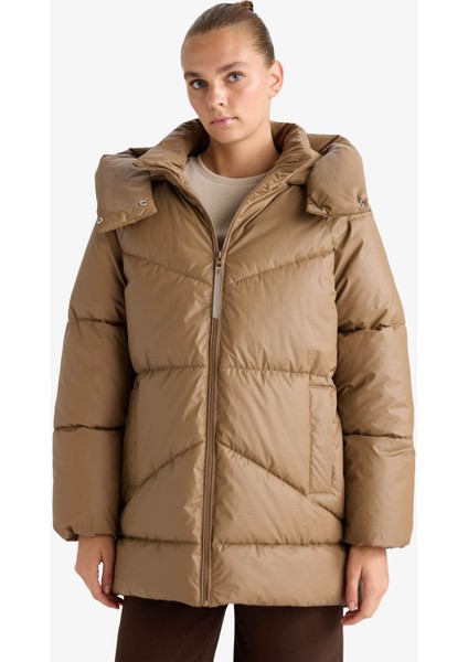 Relax Fit Kapüşonlu Fermuarlı Şişme Parka F2896AX25WN