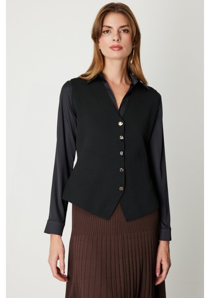 Kadın V Yaka Triko Yelek 66915 Siyah