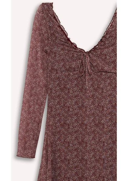 Coool V Yaka Çiçekli Tül Uzun Kollu Mini Elbise F8195AX25SM fiyatları