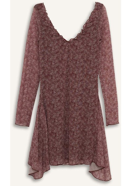 Coool V Yaka Çiçekli Tül Uzun Kollu Mini Elbise F8195AX25SM modelleri