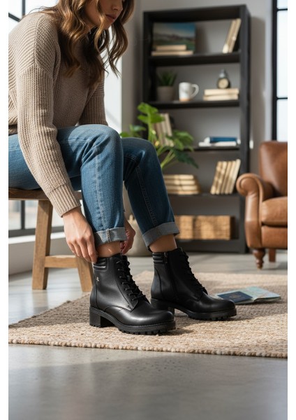 Modesa Hakiki Deri Siyah Yıldızlı Fermuarlı & Bağcıklı Kadın Bot VK_0003 fiyatları