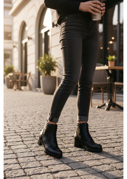 Modesa Hakiki Deri Siyah Yıldızlı Fermuarlı & Bağcıklı Kadın Bot VK_0003 modelleri